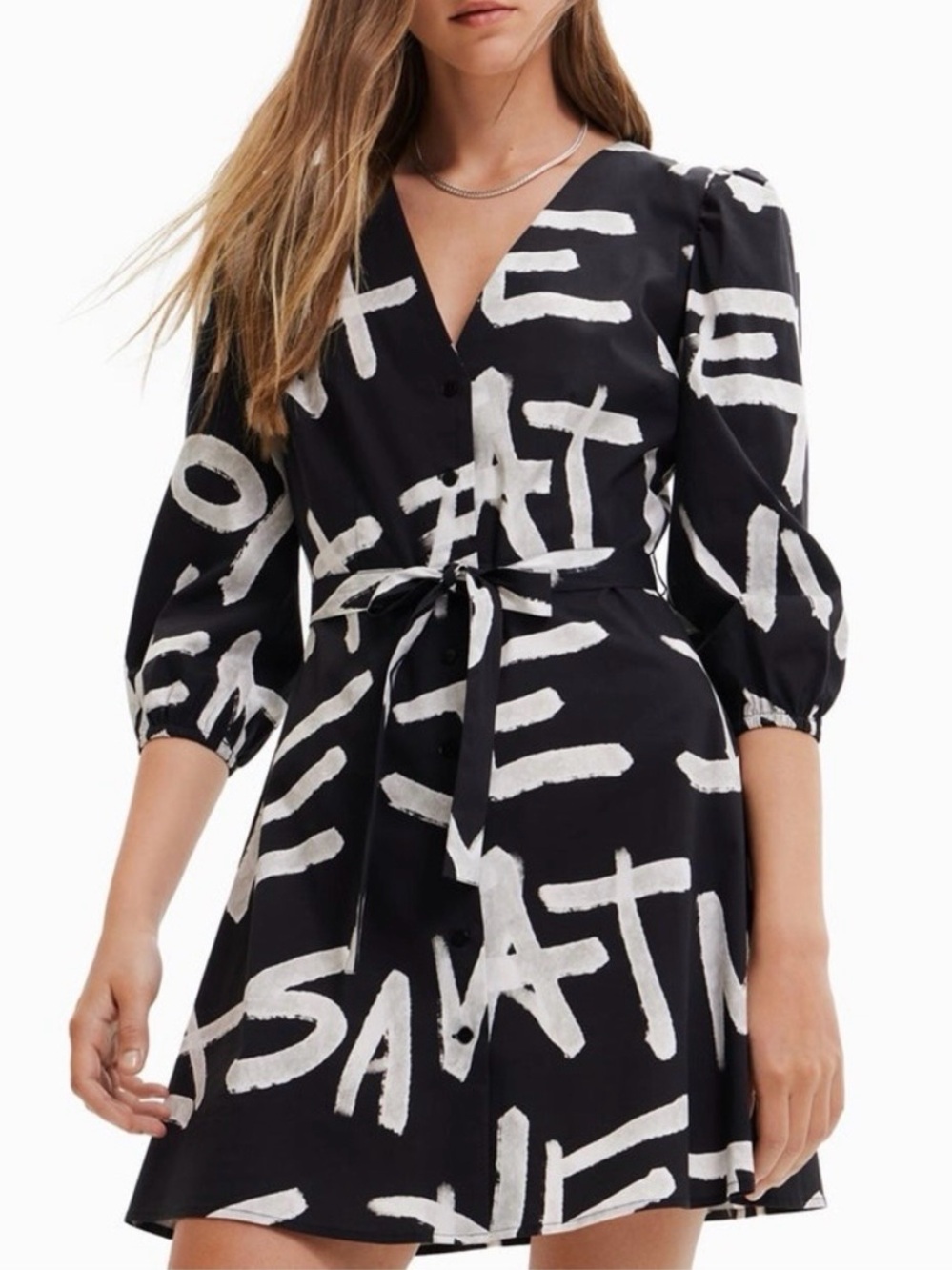 Desigual Black Graffiti Dress with White Text Letters & Belt V-neck Buttons Puff - Picture 4 of 10